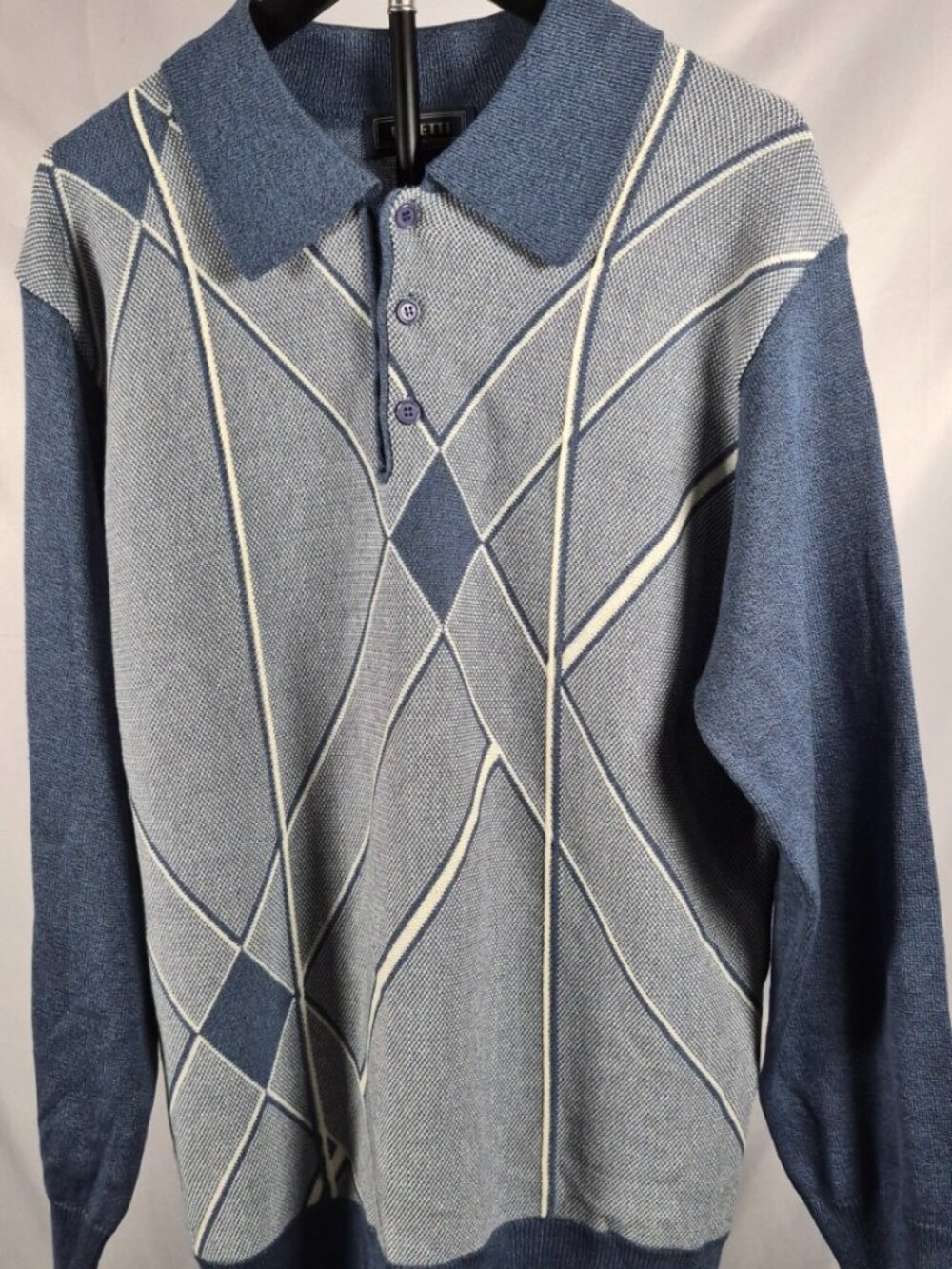 Vintage Peletti Blue Argyle Knit Polo Sweater Men’s L